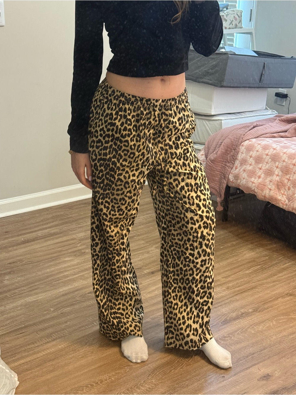 Leopard Print Wide-Leg Women's Pants - Beige/Black